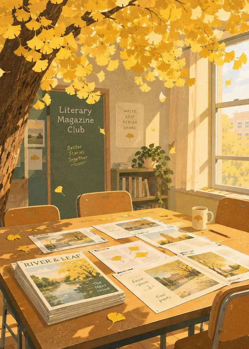 银杏树下的编辑部短剧封面图，校园剧场栏目原创校园短剧